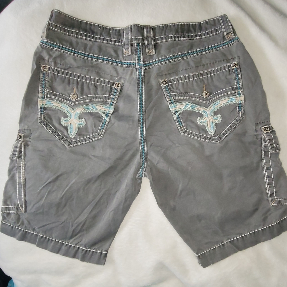 Rock Revival Mens Gray Denim Shorts with Embroidered Pockets
